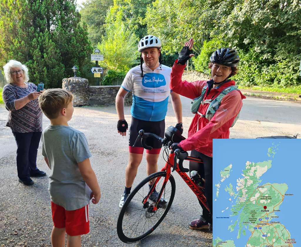 A photo of Elliott Davis and mother in law Mandy Morgan with family members at Dunkeld, Scotland.